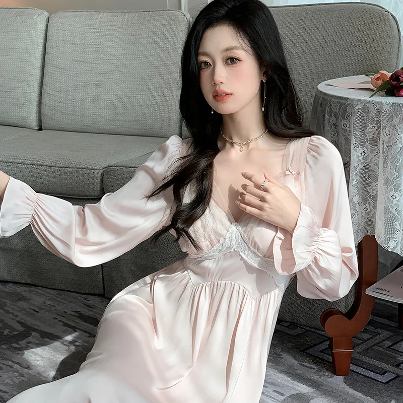 

Retro Palace Style Sleepwear Long Sleeve Nightgown Female Satin Nightwear Spring Summer Home Dressing Gown Homewear Loungewear