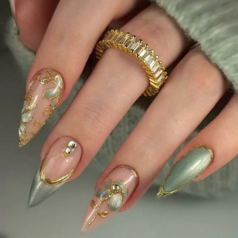 

24PCS Luxury Almond Press on Nails Green Cat Eye French Fake Nails Sweet Golden Flower Pattern Reusable False Nails High Quality