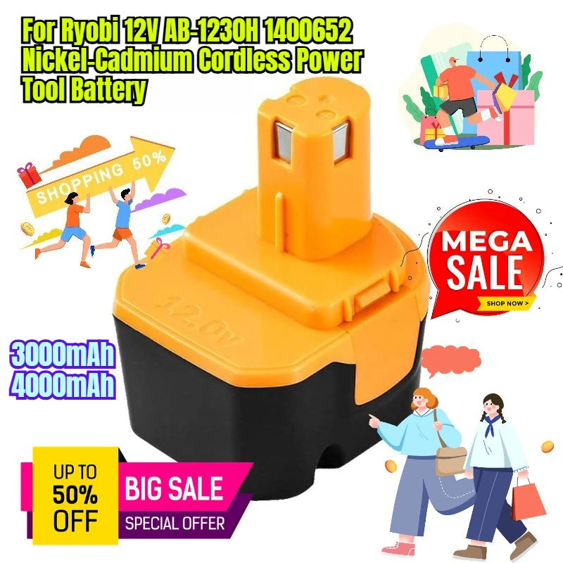 

3000mAh 4000mAh for Ryobi 12V AB-1230H 1400652 Nickel-Cadmium Cordless Power Tool Battery Pack