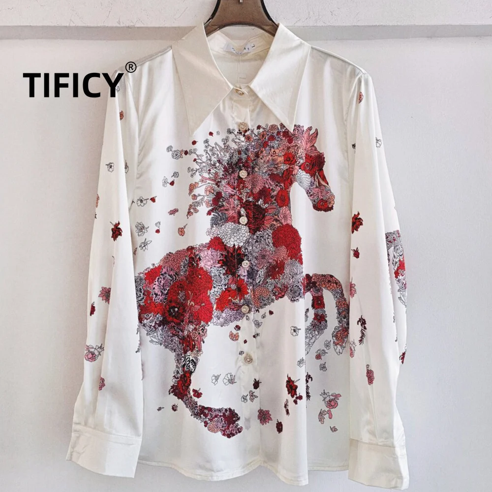 High Street Positioned Printed Shirt Women's Long Sleeved Lapel Streetwear Casual Fashion Shirt with A Hanging Top