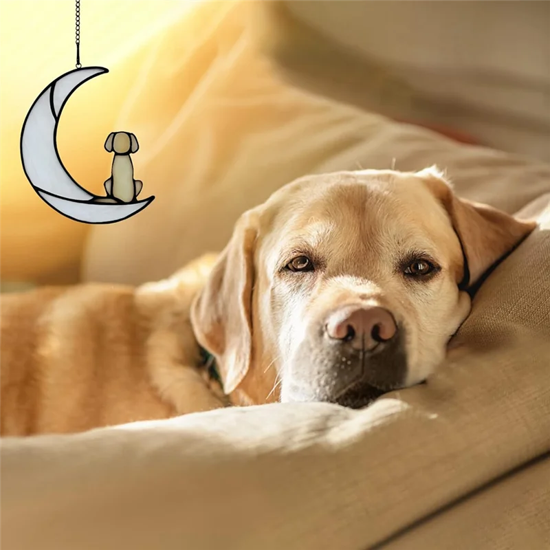 Versatile Loss Of Dog Sympathy Gift, Stained Glass Dog On Moon For Suncatcher Gifts, Yellow Dog Memorial Gifts For Pet Loss Gift