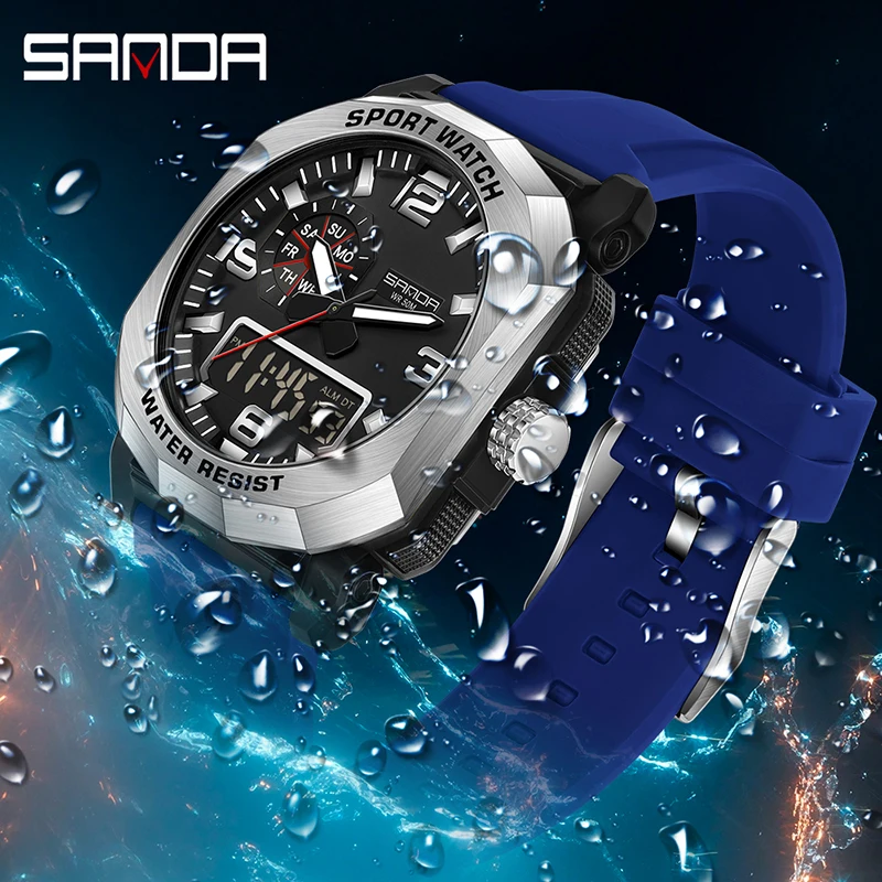 SANDA 3370 Men\'s Electronic Watch Multifunctional Fashion Trends Outdoors Dual Display Silicone Strap Wristwatch for Teenagers