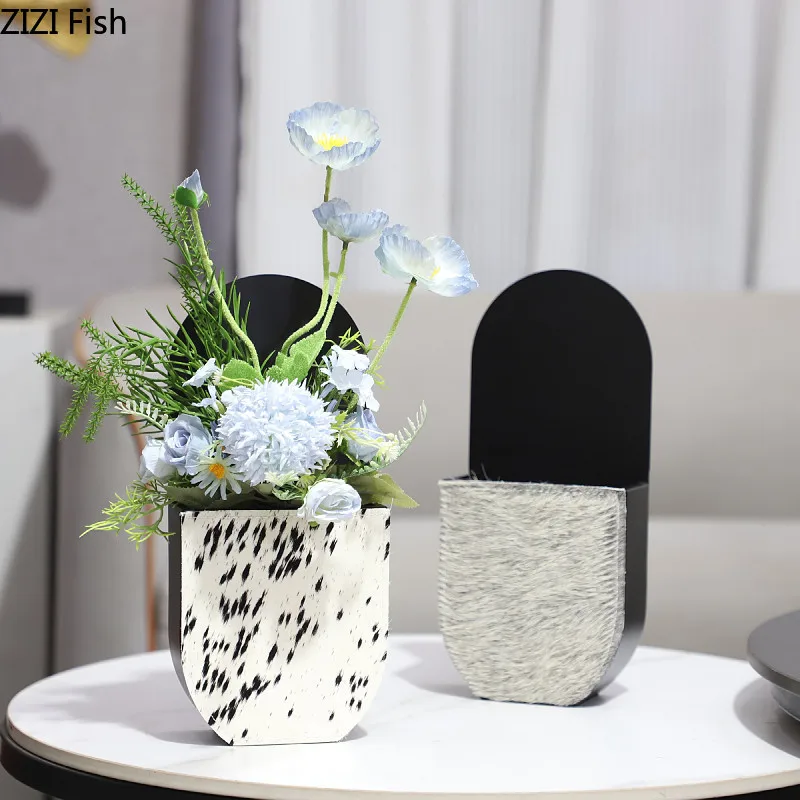 Creative Oval Flocking Vase Plant Pots Table Decoration Artificial Flower Decorative Flowers Arrangement Room Aesthetic Decor