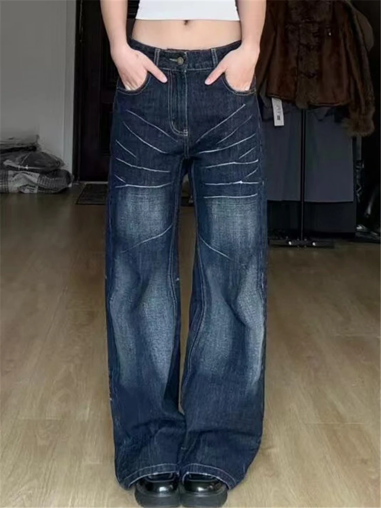 

2025 Autumn Winter Women's Retro Blue Denim Pants Y2K Wide Fit Baggy Jean Japanese Harajuku Jean Tide Mom Jeans Designer New In
