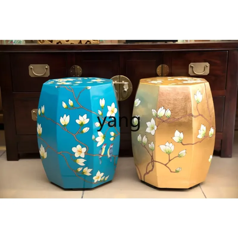 LTT classical antique Ming and Qing Dynasty furniture silver foil round ancient stool hand-painted silver foil flowers and birds