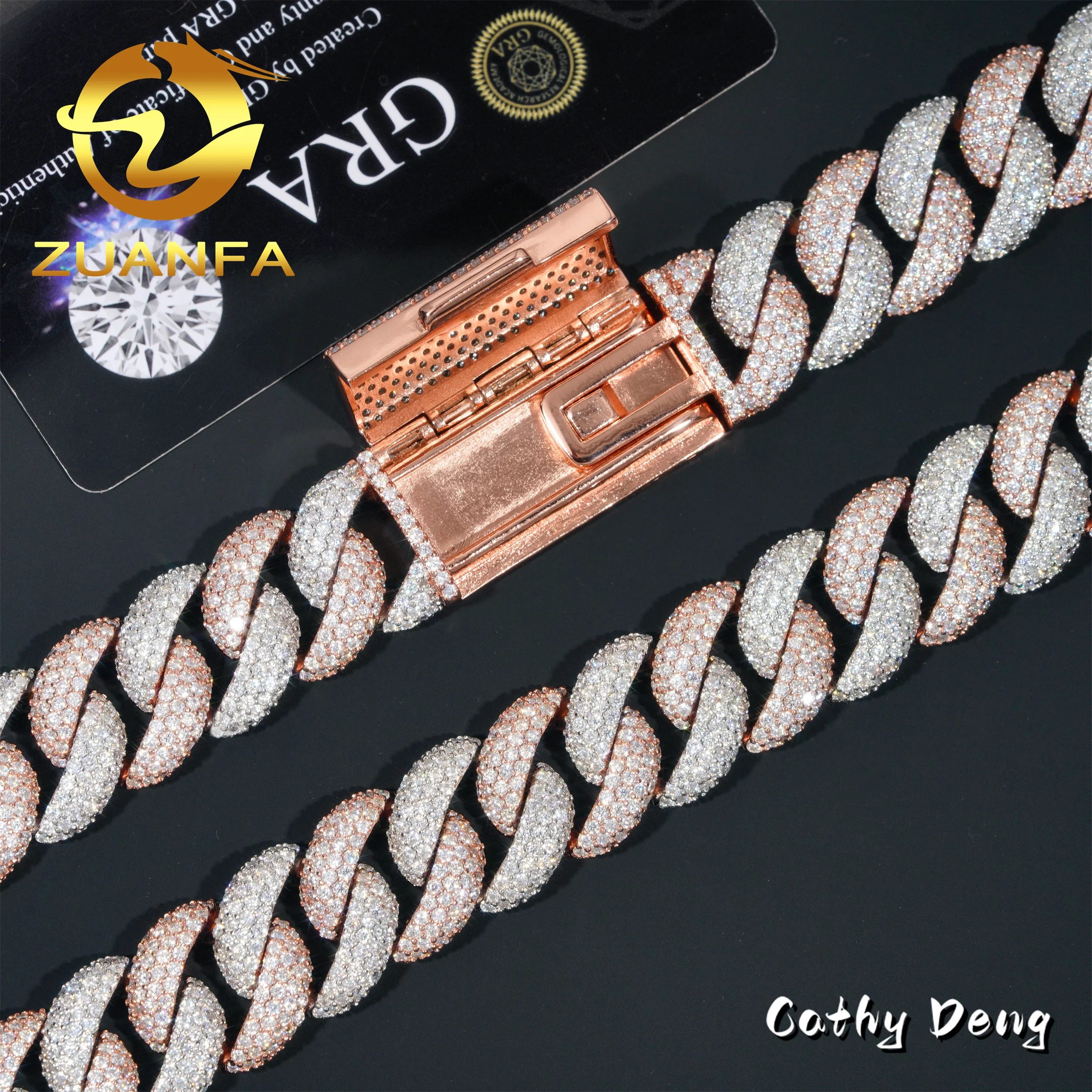Price Wholesale 18mm 4 Row 925 Cuban Link Chain Two Tone Moon Shape Hip Hop Jewelry Iced Out Moissanite Cuban Chain Necklace.