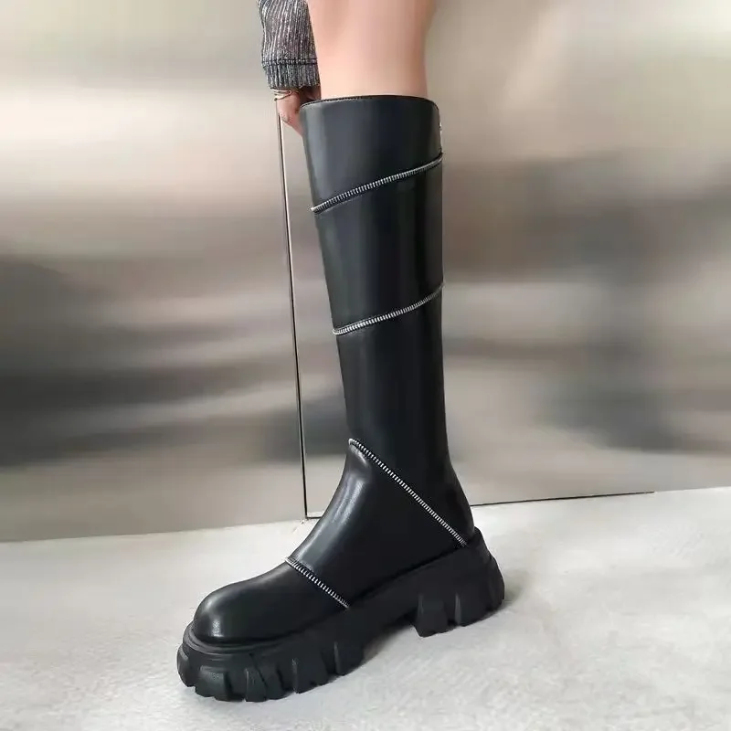 2024 Metal Chain Square Head Thick Bottom Contrast Color Motorcycle Knee Boots Elastic Boots Student Punk Women\'s Shoes 35-40