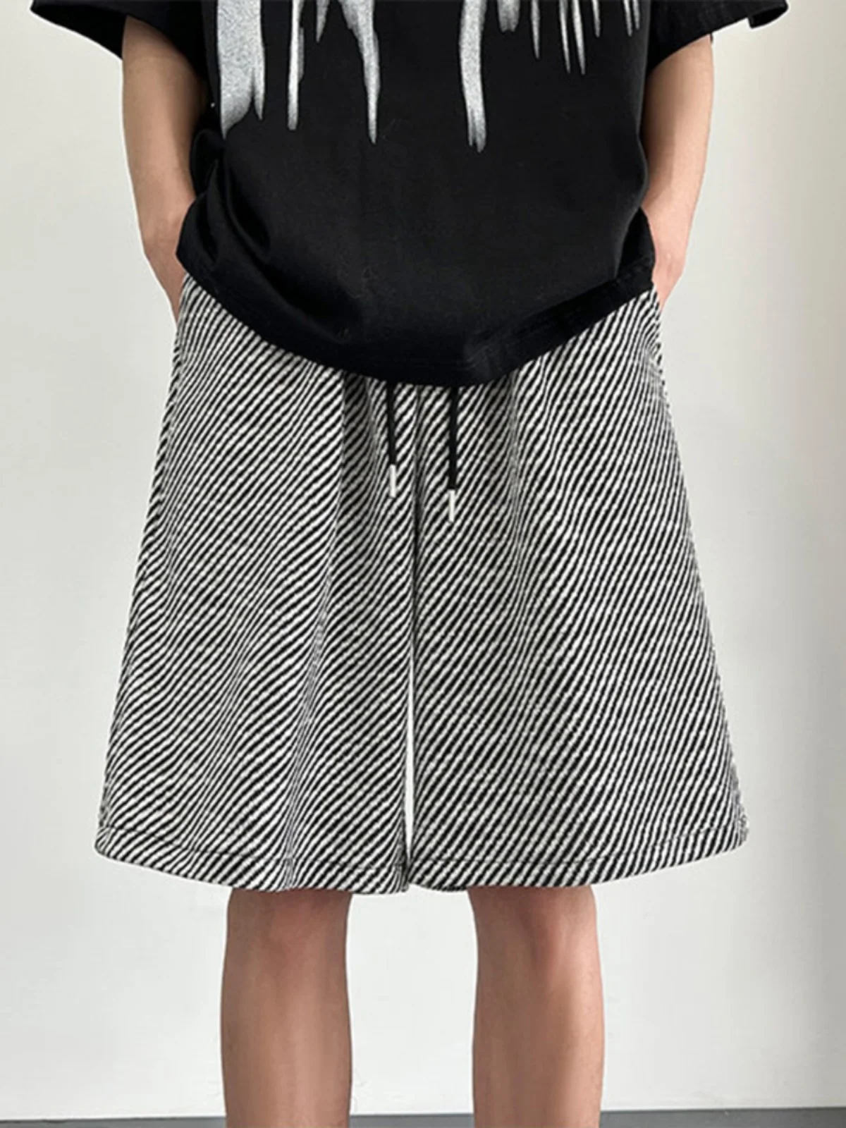 

Bla Stripe Casual Loose Men's orts Summer Faion Brand Five-Quarter Length Youthful Spor Cool Feeling Straight Leg Pants