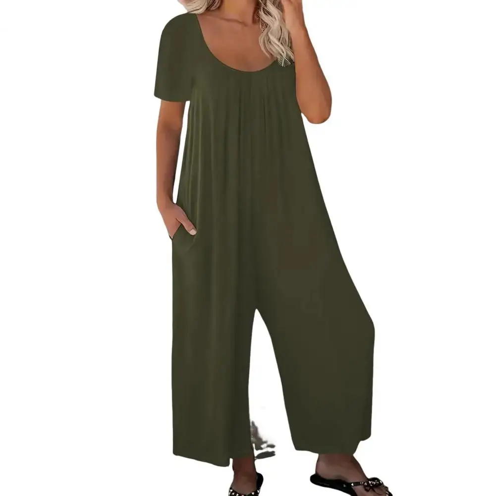 Summer Women Jumpsuit O Neck Wide Leg Deep Crotch Loose Side Pockets Pullover Casual Daily Wear Ankle Length Jumpsuit 여성 점프슈트