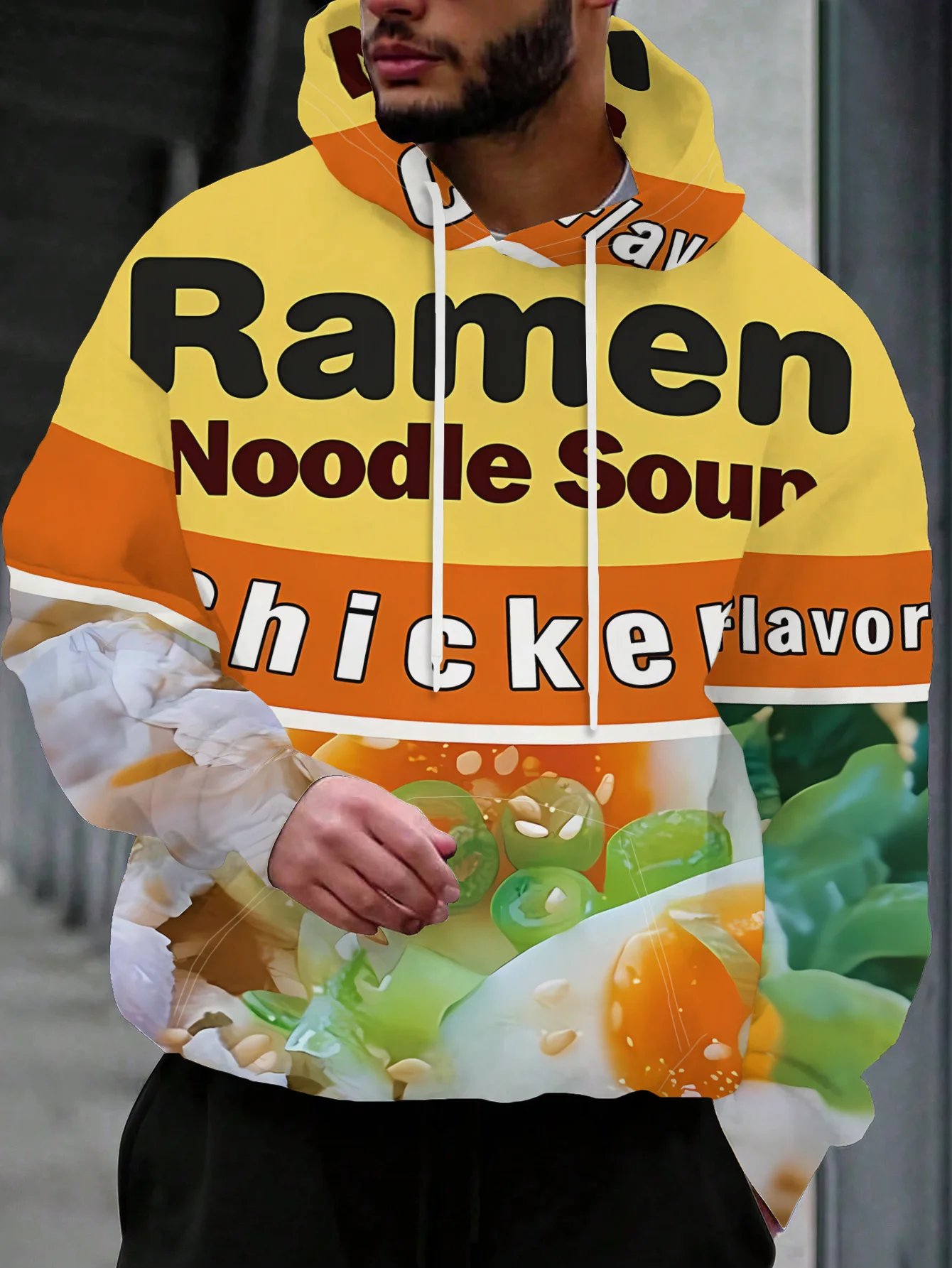 Herren-Hoodie mit Hühnergeschmack-Ramen-Nudel-Verpackungsdruck, Langarm, Lässiger Pullover mit Lebensmittelmotiv