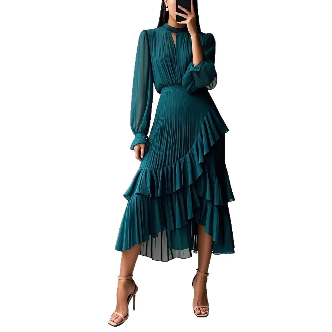 LGRQ 2026 Summer New Solid Color High Waist Dress With Ruffled Hem And Pleats Mid-Length Party Evening Gown