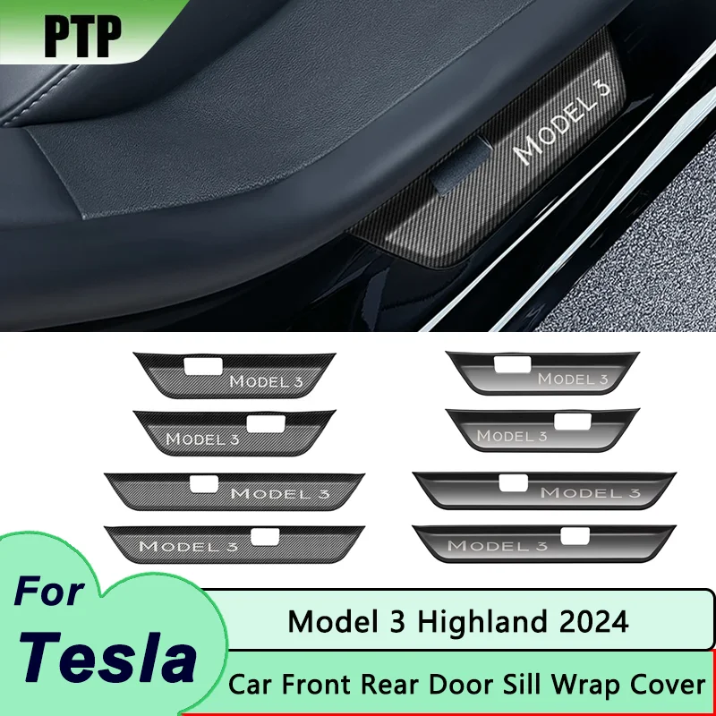 

For Tesla Model 3 Highland 2024 Front Rear Door Sill Wrap Cover Anti Scratch Stainless Steel Door Sill Strip Plate Car Accessory