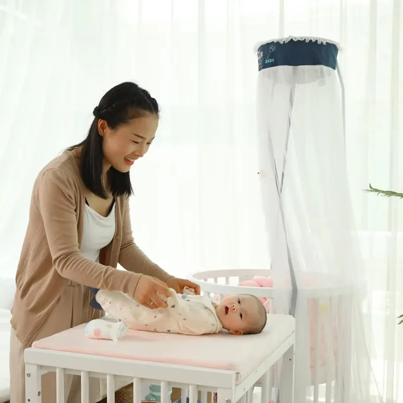 Round guardrail Mosquito net Removable Foldable activity Crib Adjustable height