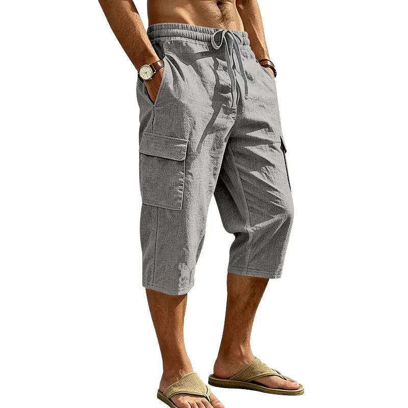 Europäische und amerikanische Sommer-Shorts aus Leinen für Herren, lässig, Outdoor, Arbeitskleidung, Pendler, Sport, Multi-Pocket, 7/8-Länge – Detail 38