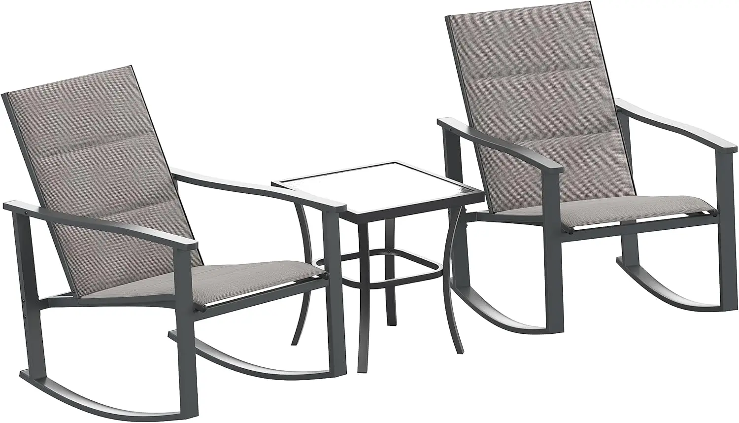 FV-FSC-2315-GRY-GG Brazos Outdoor Rocking Chair Bistro Flex Comfort Material and Metal Framed Glass Top Table