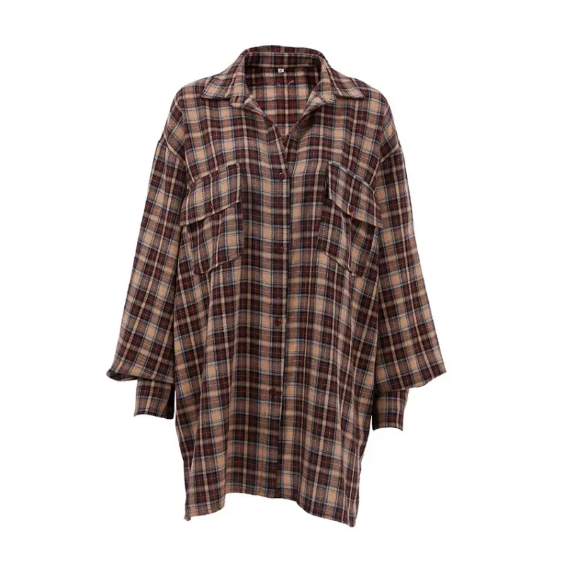 Vintage Plaid Shirts Women Loose Gingham Female Blouse Spring 2024 Button Top Shacket Oversized Long Shirts Ladies