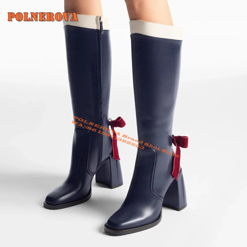 Pluto Navy Black Velvet Bow Crystal Heart Boots Square Toe Flared Heel Pull On Patchwork Internal Zip Closure Knee High Boots