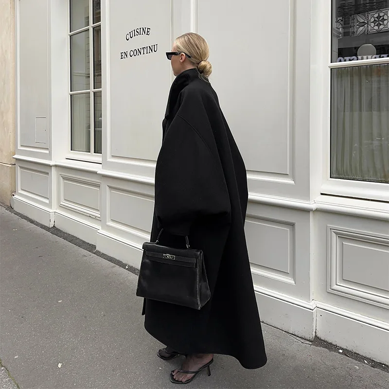

Oversized Women's Woolen Blend Coat Loose Stand Collar Batwing Sleeve Long Overcoats 2025 New Winter Elegant Lady Outerwears