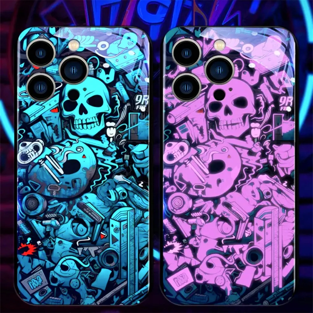 Graffiti Skeleton Luminous Glass LED Call Light Up Flash Phone Case For Samsung S24 S23 S22 S21 S20 FE Note 10 20 Plus Ultra