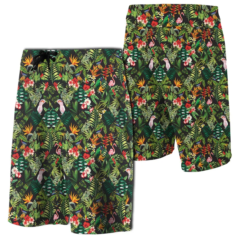 Tropical Flamingo Hibiscus Board Shorts Hawaii Men's Shorts Women Vacation Beach Short Pants Polynesian Floral Shorts Swim Trunk