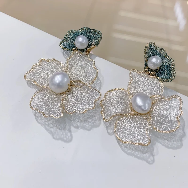 

SGARIT Fine Jewelry Lace craftsmanship Double Flowers Pearl Drop Earrings Women Summer Pearl 14k Filled Gold Earrings Eardrop
