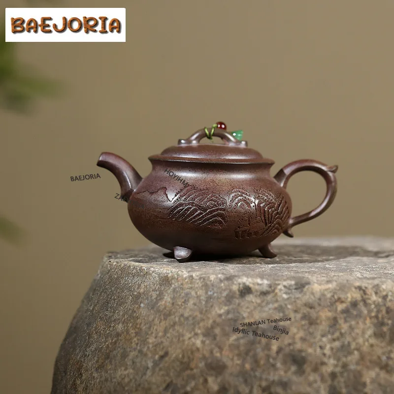 BAEJORIA 300ml Antique Yixing Purple Clay Teapots Handmade Tripod Pot Raw Ore Temperature Firewood Mud Kettle Zisha Tea Set Cha