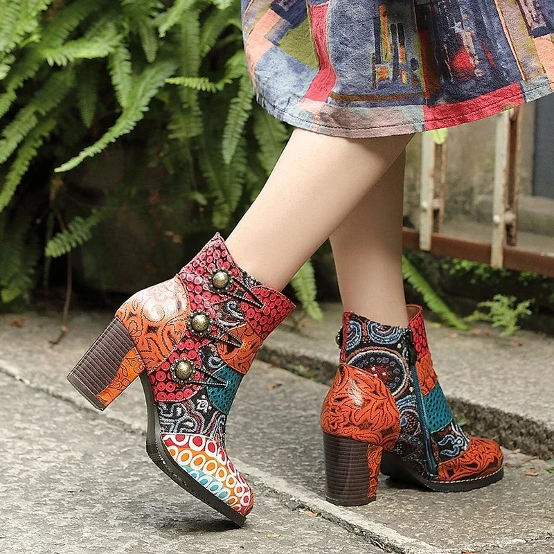 Vintage Splicing Printed Ankle Boots For Women Shoes Woman Genuine Leather Retro Block High Heels Women Boots 2023 New