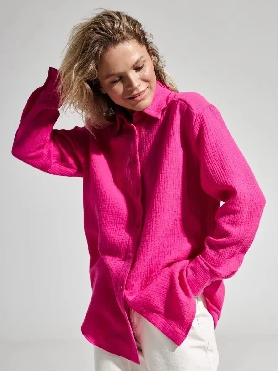 

Women Blouse Long Sleeve Shirts Autumn 100% Cotton Loose Tops Lady Crepe Blouses Oversized Shirts 8 Colours Hemd Shirt S02