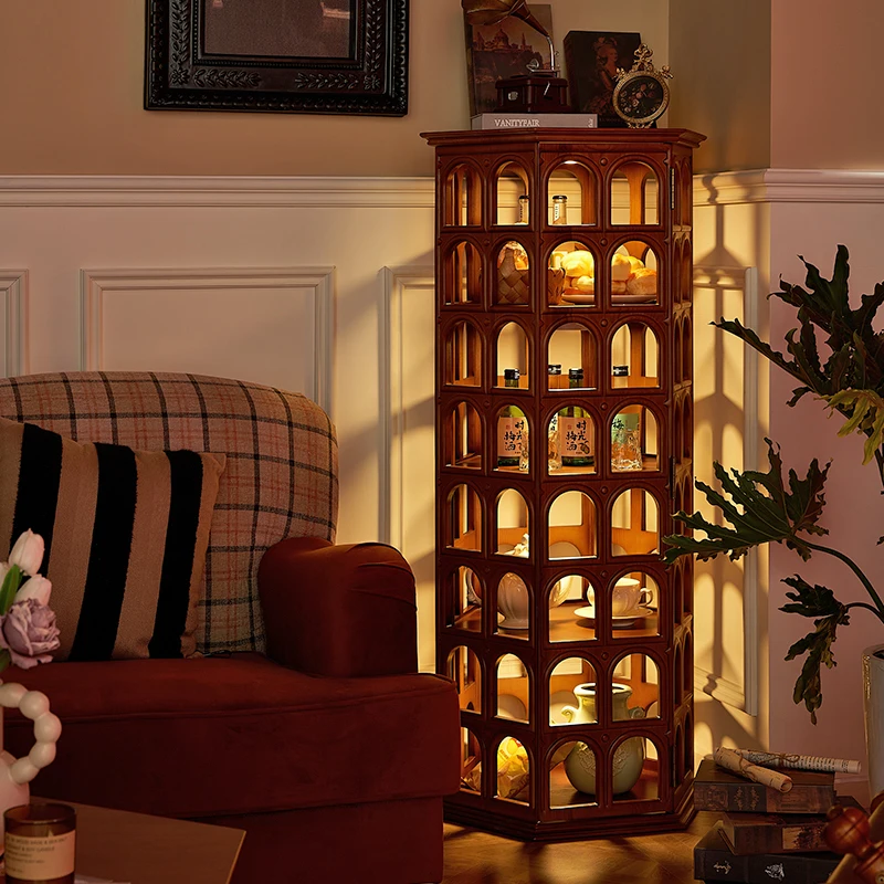 Figure display cabinet Solid wood arch Hollow-out modeling Four-layer multi-functional display cabinet Retro special-shaped cabi