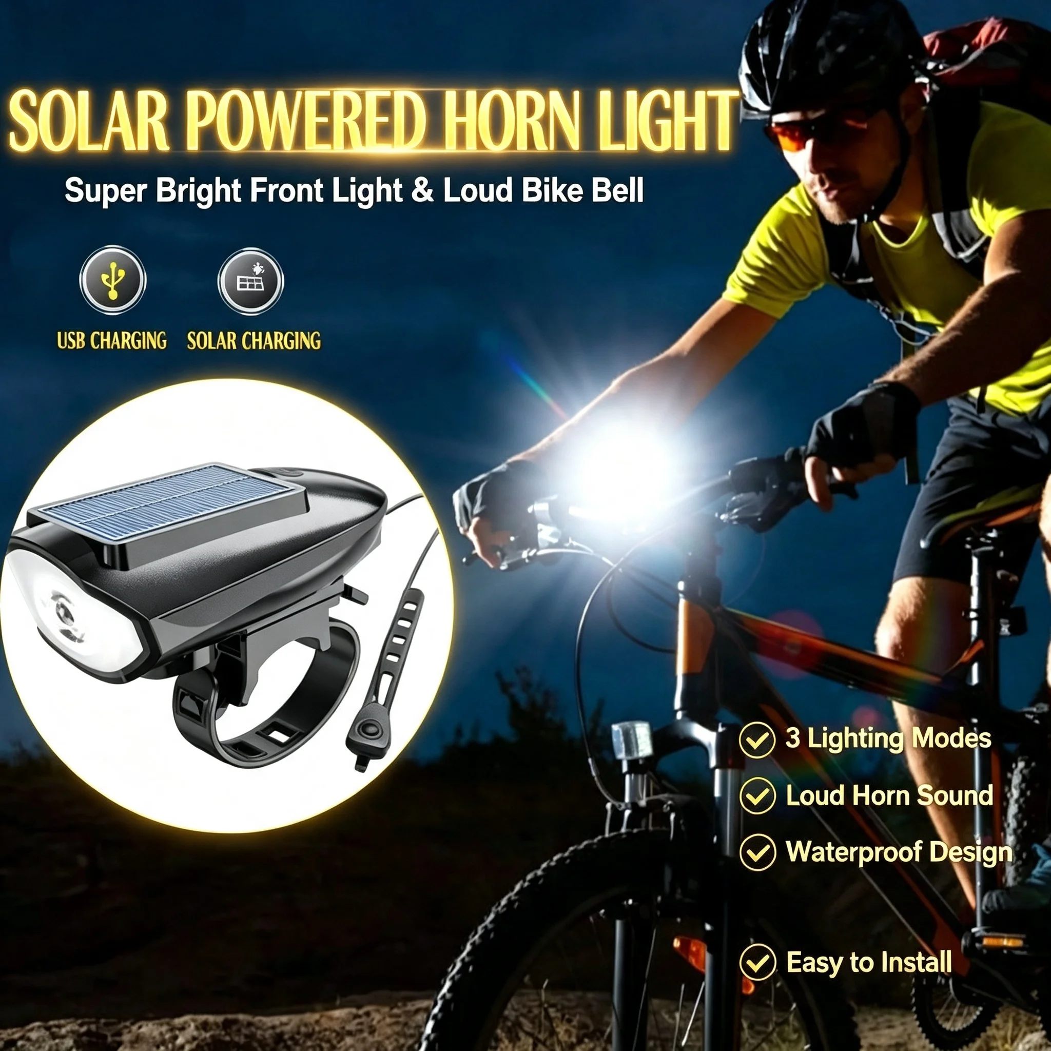Bicycle Headlight 250 Lumens with Horn Alarm USB Solar Rechargeable High Bright Light for Mountain Bike Cycling Safety Accessory