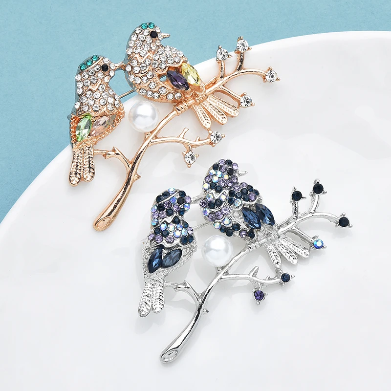 Wuli & baby كريستال زوجين الطيور Bullfinch بروش اللؤلؤ بيرولا دبوس أنيقة المرأة مجوهرات شارة لبدلة سترة وفستان #4