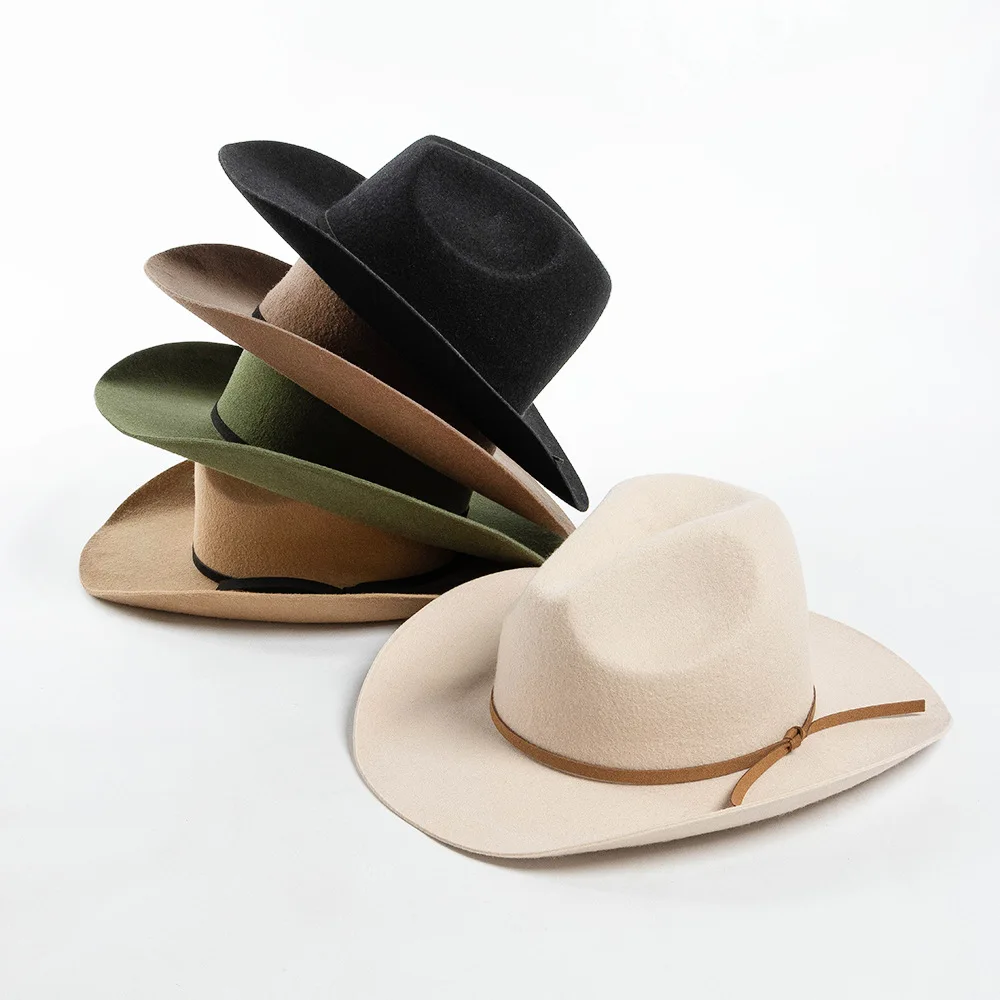 Factory Direct Sale Autumn Winter New Fashion Pure Wool Denim Style Wool Felt Hat with Tie and Wide Brim Felt Top Hat