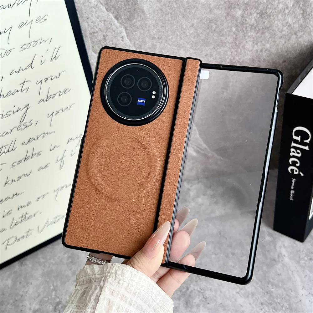 حافظة هاتف MagSafe بنمط جلدي من Busine لهاتف VIVO X Fold 5 3 Pro غطاء حماية للشاشة المفصلي غطاء شحن لاسلكي مغناطيسي