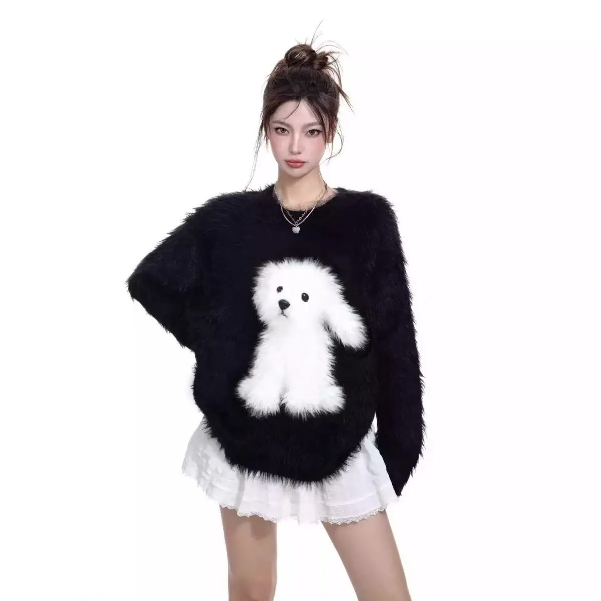 Y2K Kawaii Street Style Women Fuzzy Plush Sweater Puppy Dog Knit Pullover Oversized Drop‑Shoulder Cozy Statement Winter Jumper