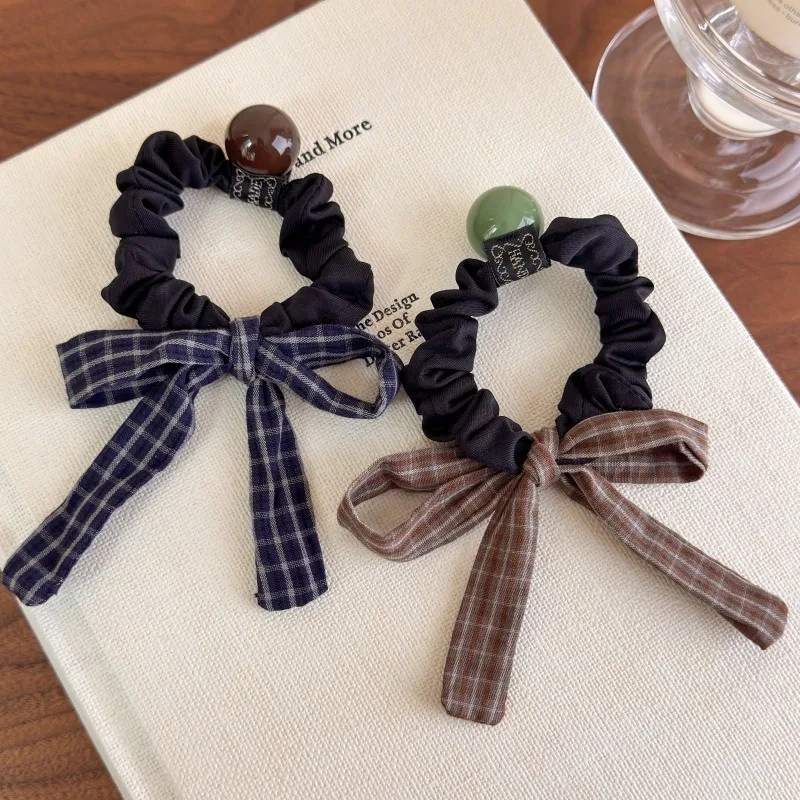 

Plaid Striped Bow Hair Scrunchie Retro Low Ponytail Tie Elastic Band with Pom Pom Cotton Blend Premium Versatile Hair Accessory