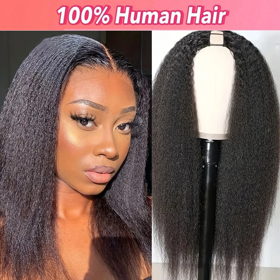 

Kinky Straight Human Hair Wigs No Leave Out V Part Wigs Yaki Straight Remy Full Machine Made 200% Human Hair Wigs For Women