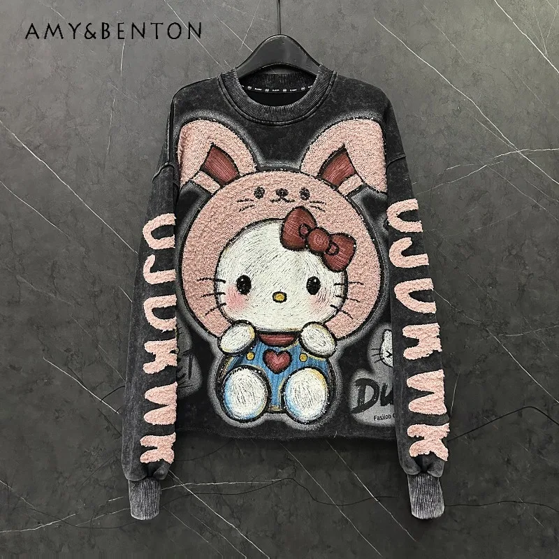 

Sweet Cute Style Cartoon Rabbit Round Neck Sweatshirt For Women's 2025 Spring Autumn Heavy Industry New Loose Casual Top Hoodies