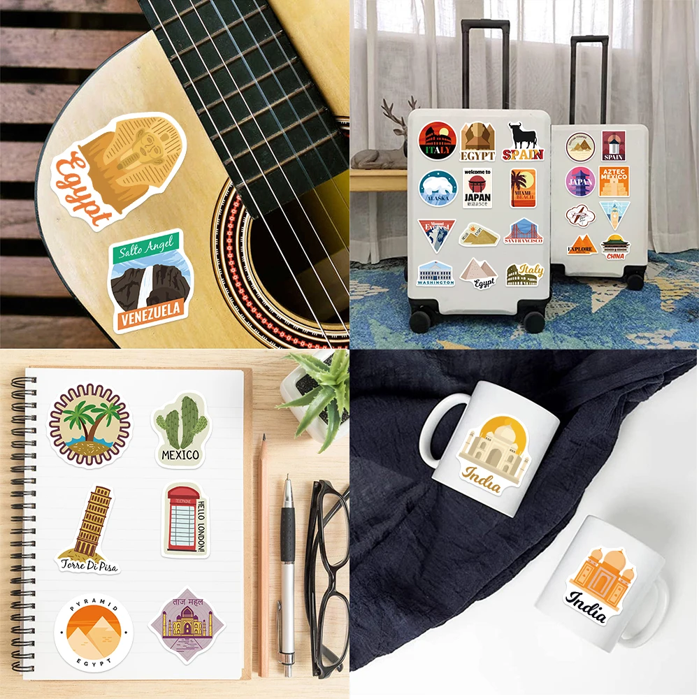 50Pcs World City Landmark Stickers Pack For Scrapbook Stationery Ipad Phone Laptop DIY Cartoon Sticker Journaling Decals