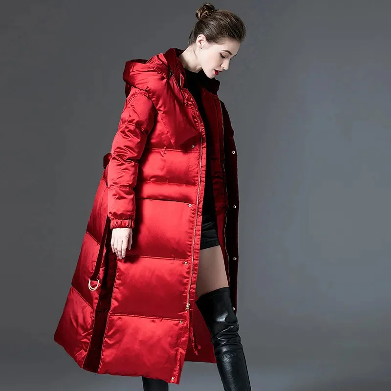 Red Glossy Down Jacket Thicken Women's 2024 New Winter High-end 90 White duck down Hooded Coat Female Long Parkas Overcoat