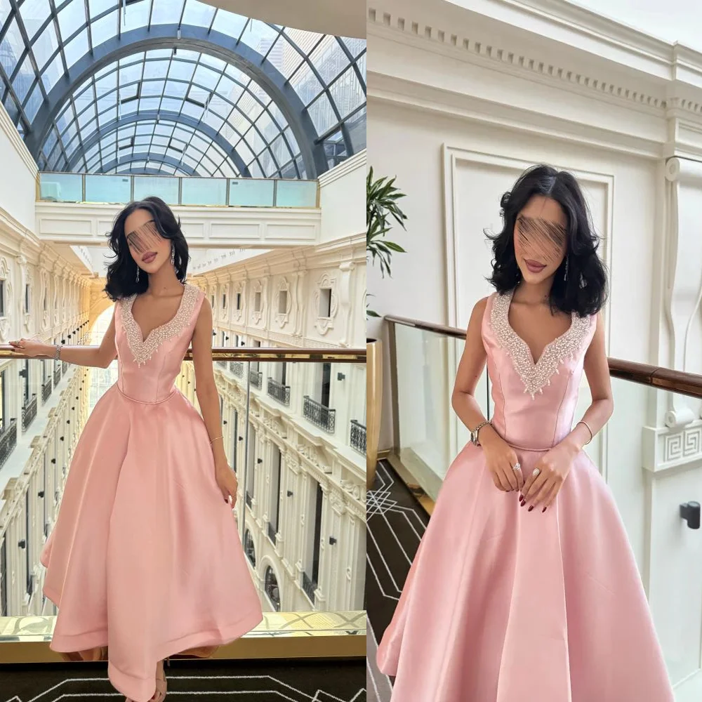 Скромное атласное вечернее арабское платье без рукавов по индивидуальному заказу, трапециевидное платье с открытой спиной и бисером, вечернее платье для выпускного вечера для свадьбы