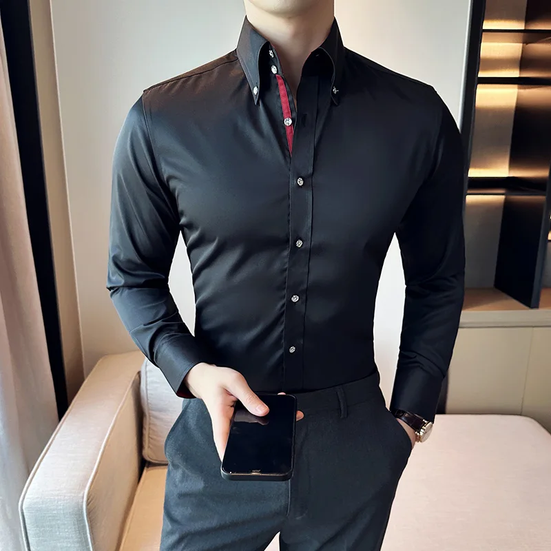 Shirts Men Dress Vertical Solid Color Shirts Slim Men Casual Long Sleeve Shirt Male Chemise Homme Tuxedo Shirt