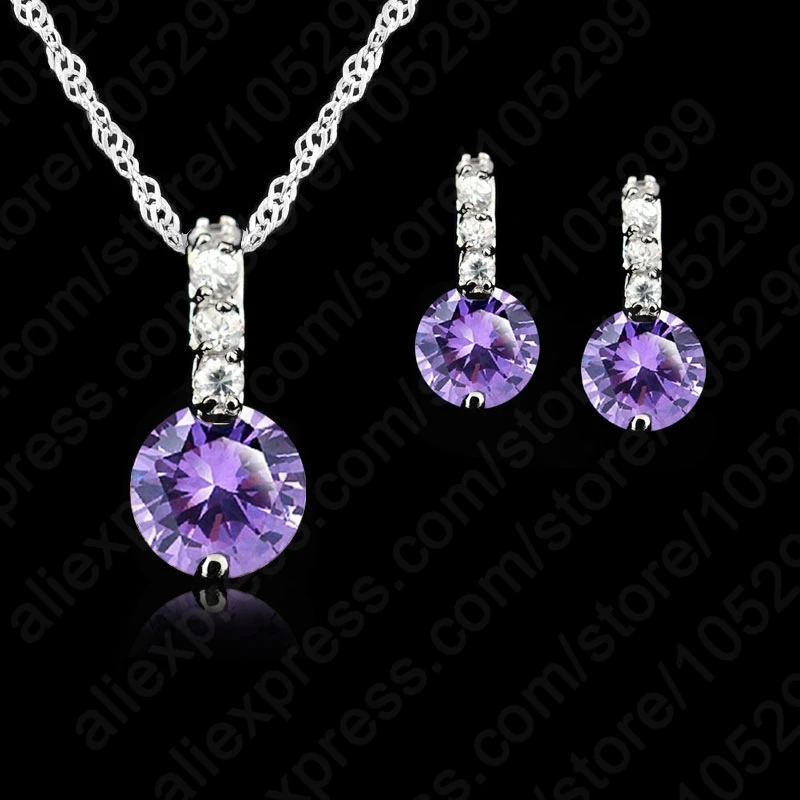 Women Beauty Round Jewelry Set 925 Sterling Silver Color Cubic Zircon Pendant Necklace/Earring Women Wedding Gift Hoop Earrings