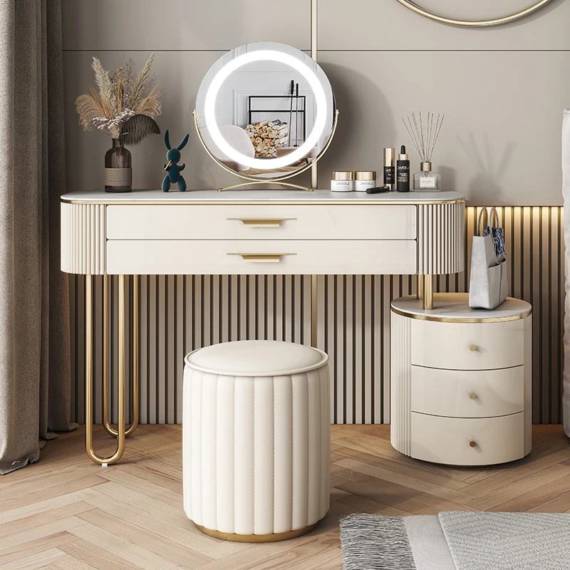 

Nordic Vanity Wooden Dresser Makeup Led Lights Storage Mirrors Dressing Table Luxury Modern Tocador Maquillaje Bedroom Furniture