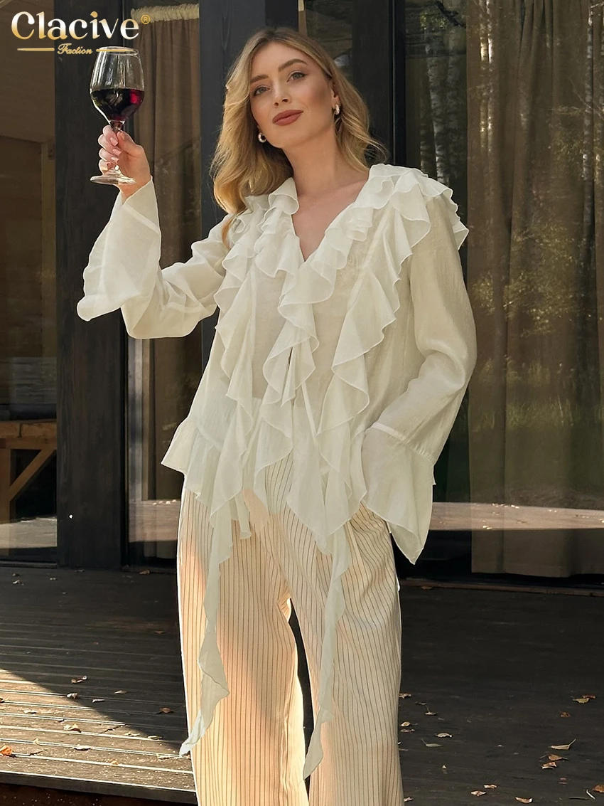 Clacive Sexy Loose Beige Women\'s Shirt 2025 Elegant V-Neck Long Sleeve Shirts Casual Classic Ruffle Lace-Up Top Female Clothing
