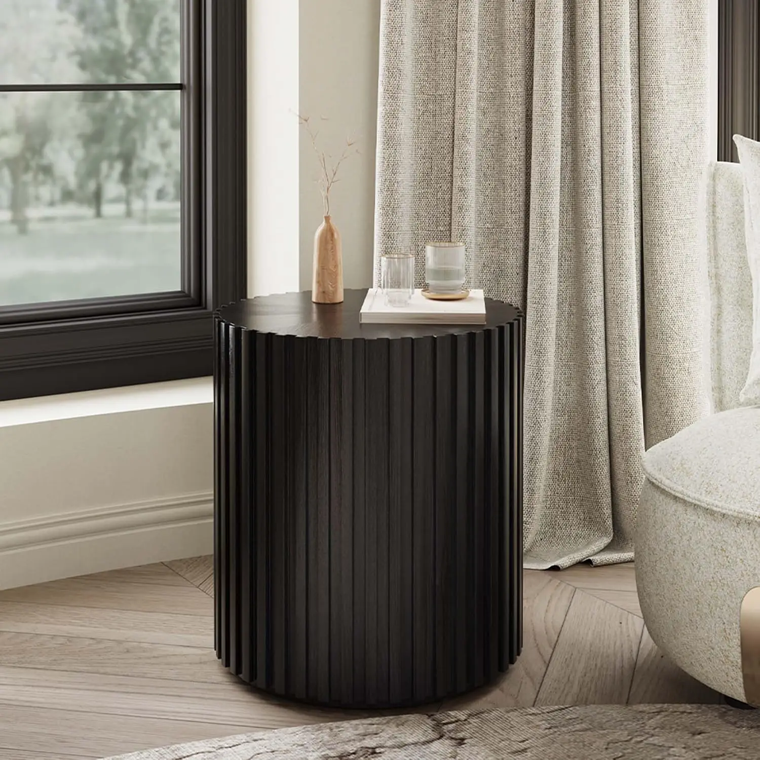 Round Wood Fluted Coffee Table Modern End Table for Living Room Black Fully Assembled, Customized