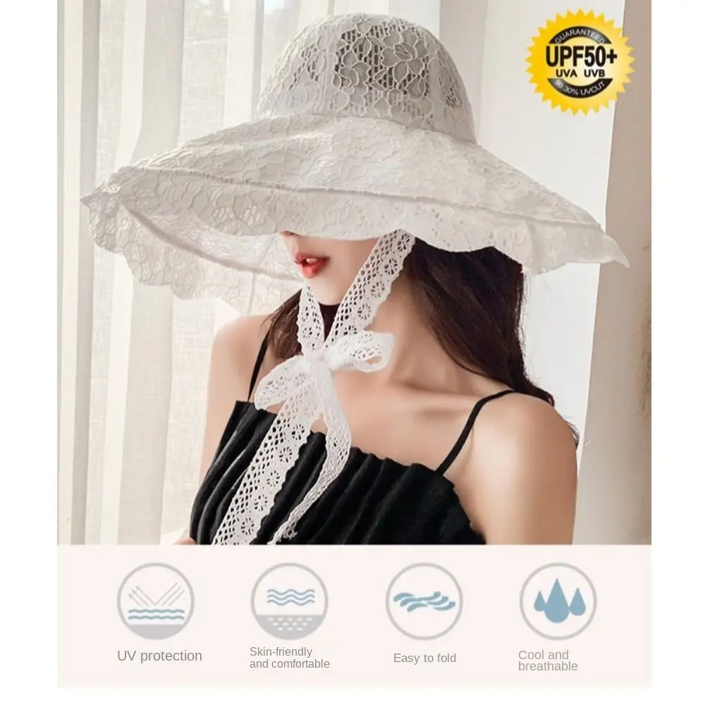 Lace Lace-up Bucket Hat Women Lightweight Windbreak Rope Sunshade Basin Hat Sun Cap Beach Hat