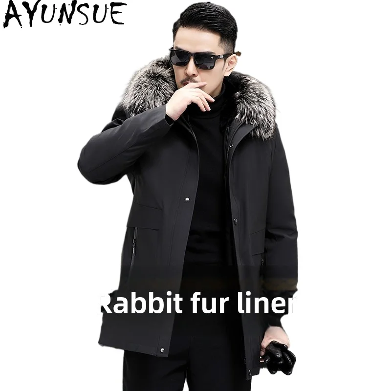 

AYUNSUE High Quality Men's Fur Parkas Hooded Fox Collar Mid-length Natural Fur Coat Man Detachable Mink Fur Liner Jacket 2025