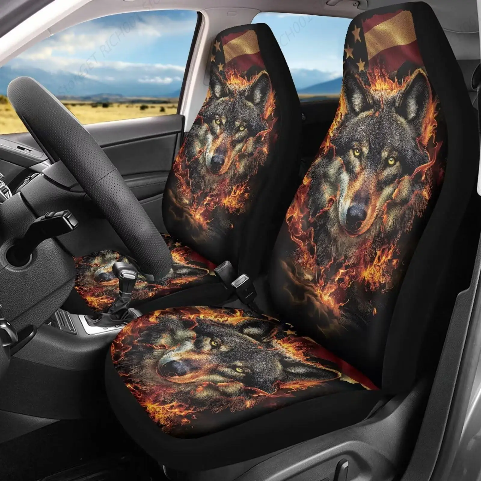 Car Seat Cover Cool Fire Wolf Design Auto Front Seat Covers 2 Pieces, Car Seat Protector Car Mat Covers, Fit Most Vehicles, Cars