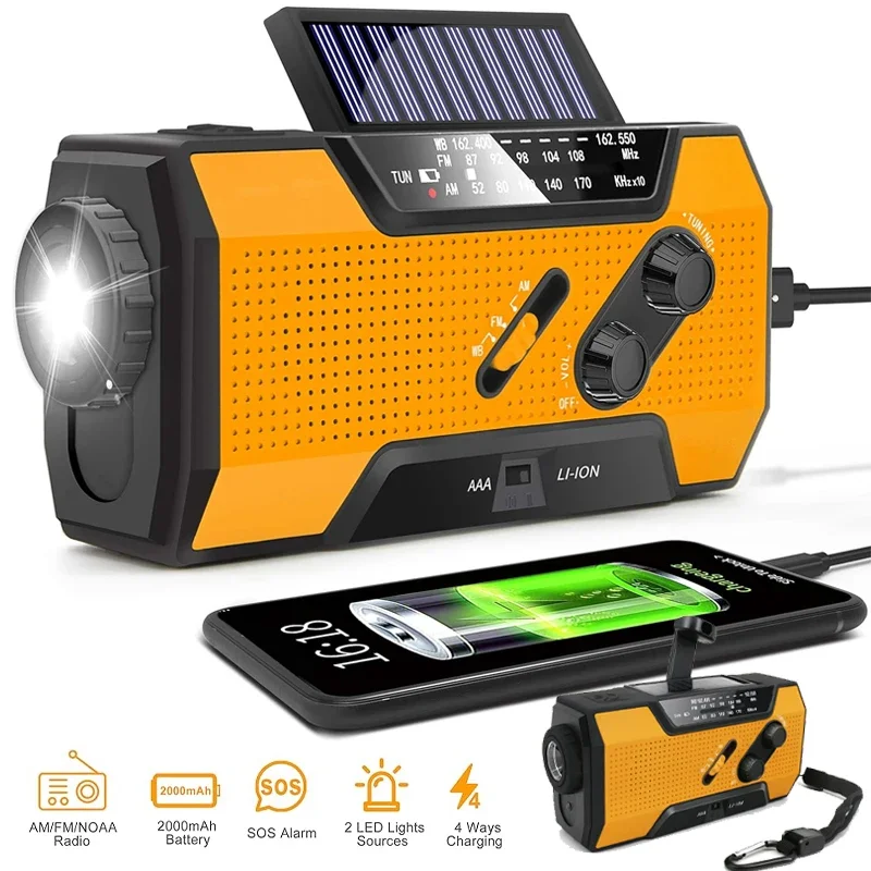 Emergency Weather Radio AM FM USB Solar Manual Crank Charging Portable 2000mAh Battery Powered SOS Alarm Flashlight