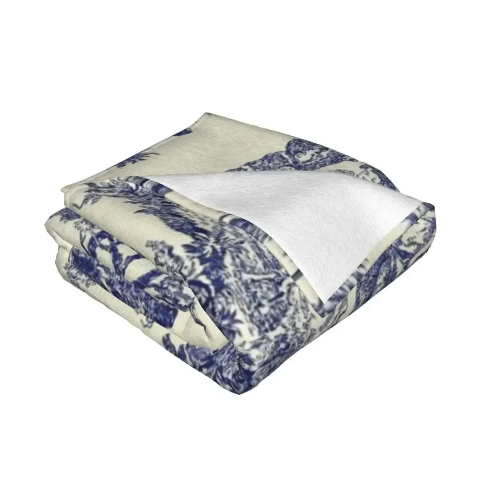 Toile De Jouy Blue Blanket Soft Fleece Autumn Warm Flannel French Navy Blue Motif Throw Blankets for Sofa Home Bed Bedspread